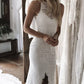 Elegant Open Back Long Lace Wedding Dresses with Split Side