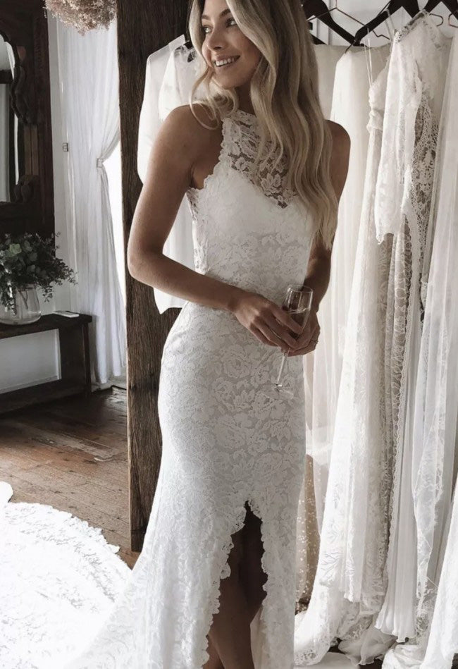 Elegant Open Back Long Lace Wedding Dresses with Split Side