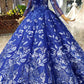 Elegant Round Neck Ball Gown with Beading Blue Prom Dresses
