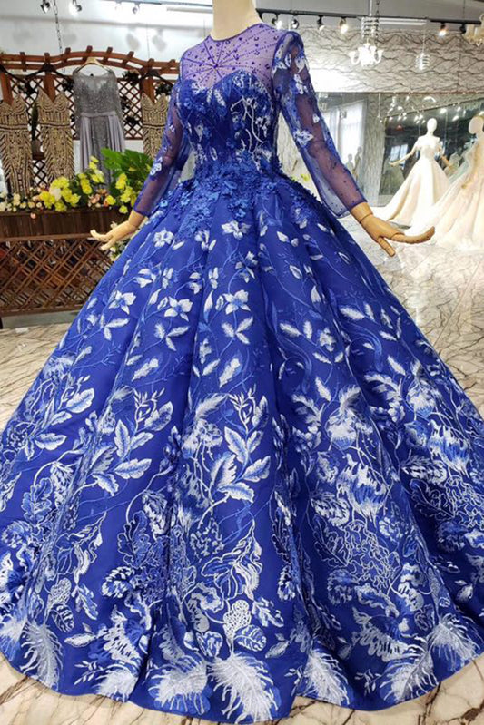 Elegant Round Neck Ball Gown with Beading Blue Prom Dresses