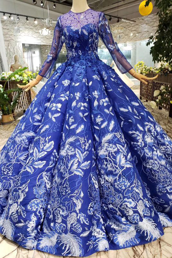 Elegant Round Neck Ball Gown with Beading Blue Prom Dresses Custom Color