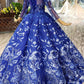 Elegant Round Neck Ball Gown with Beading Blue Prom Dresses