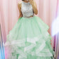 Elegant Round Neck Two Piece Prom Dresses Ruffle with Sequins