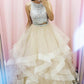 Elegant Round Neck Two Piece Prom Dresses Ruffle with Sequins