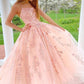 Lace Appliques Pink A LineTulle Long Prom Dresses With Straps
