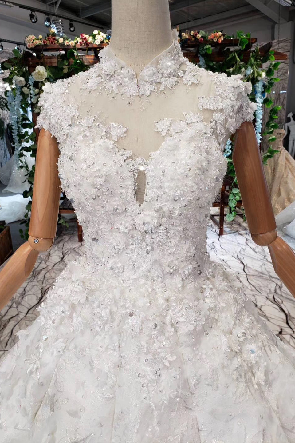 Gorgeous High Neck Ball Gown Cap Sleeves Wedding Dresses with Beading