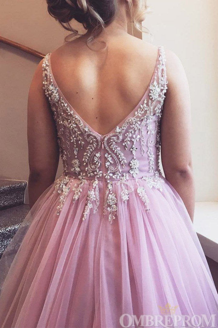 Gorgeous V Neck Prom Dresses with Beading Tull Ball Gown x