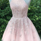 Beautiful Halter Backless Pink Lace Tulle A-line Short Homecoming Dresses