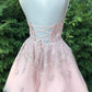 Beautiful Halter Backless Pink Lace Tulle A-line Short Homecoming Dresses