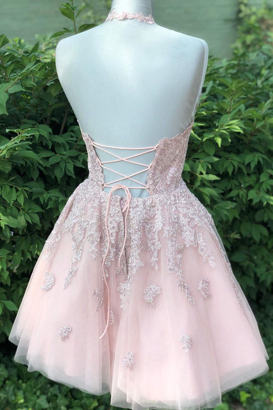 Beautiful Halter Backless Pink Lace Tulle A-line Short Homecoming Dresses