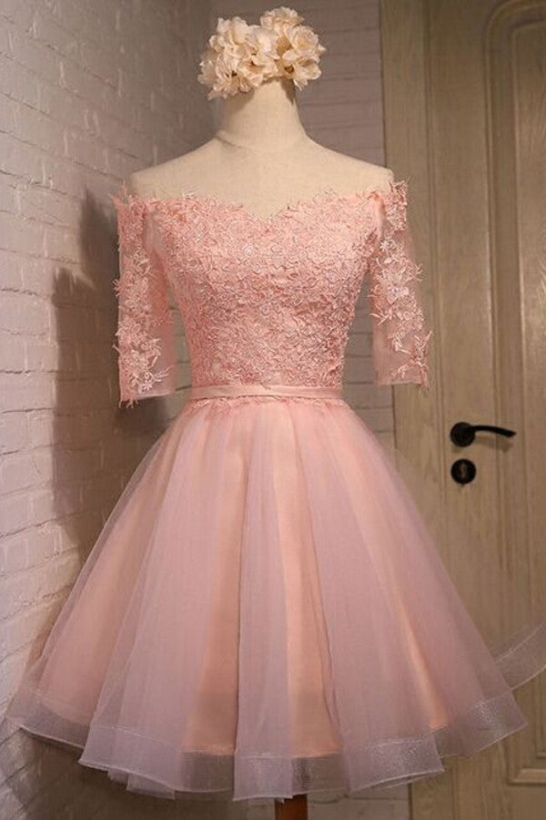 Pink Off Shoulder Homecoming Dresses,Half Sleeve Appliques Short Prom Dress