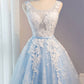 Light Blue Homecoming Dress,Tulle Lace Applique O-neck Short Prom Dresses with Straps 