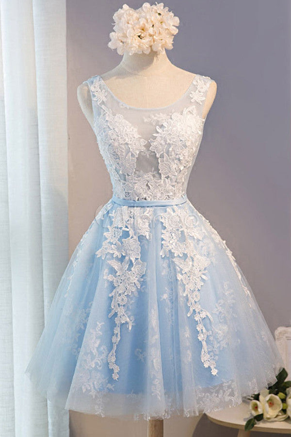 Light Blue Homecoming Dress,Tulle Lace Applique O-neck Short Prom Dresses with Straps 