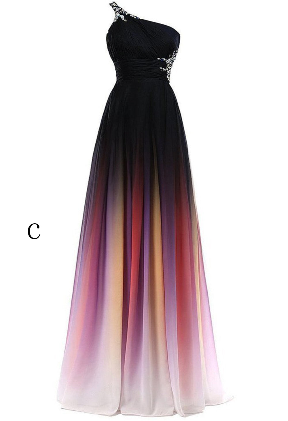 Ombre A Line Sweep Train One Shoulder Sleeveless Open Back Beading Prom Dresses