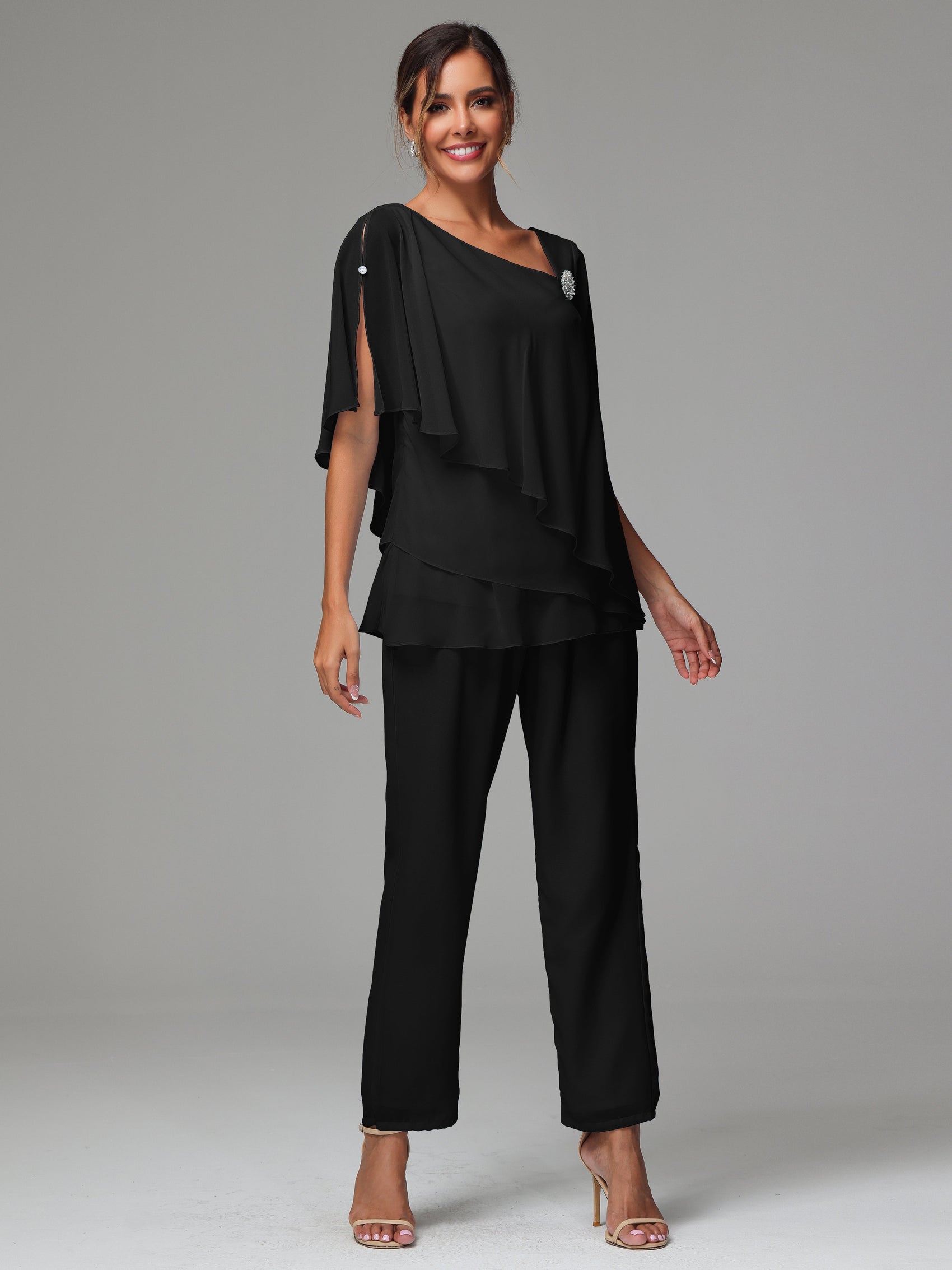 Half Sleeves Chiffon Mother Of The Bride Dress Pant Suits