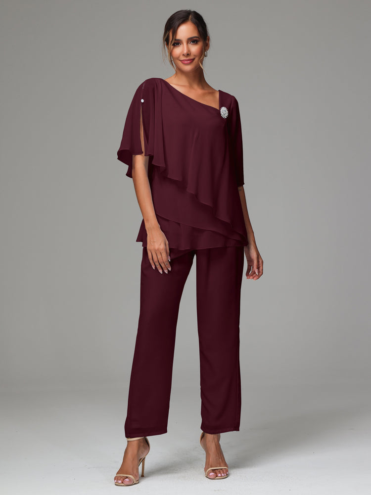 Jumpsuits Scoop Half Sleeves Chiffon Mother Of The Bride Pantsuits