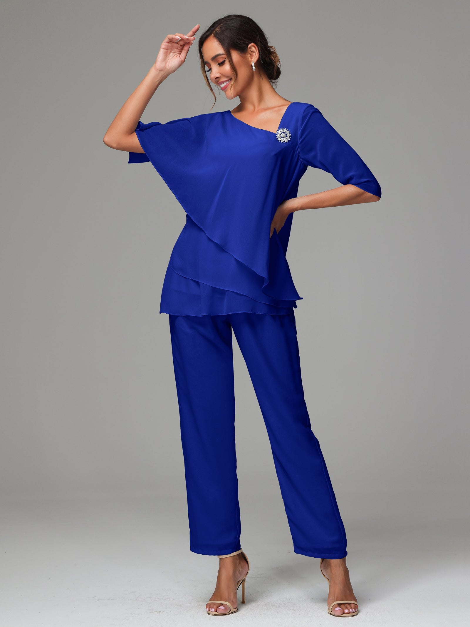 Elegant Chiffon Lace Half Sleeves Formal Pantsuit For Mother of The Bride main image 1