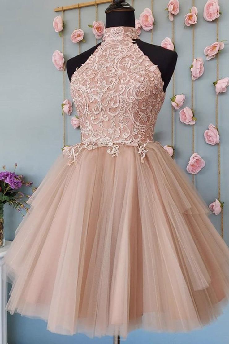 Cute Open Back Tulle Lace Short Prom Dress Homecoming Dress