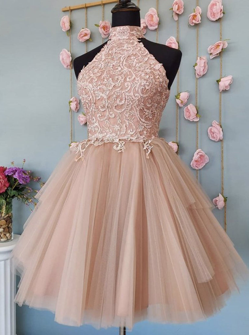 Cute Open Back Tulle Lace Short Prom Dresses Homecoming Dresses