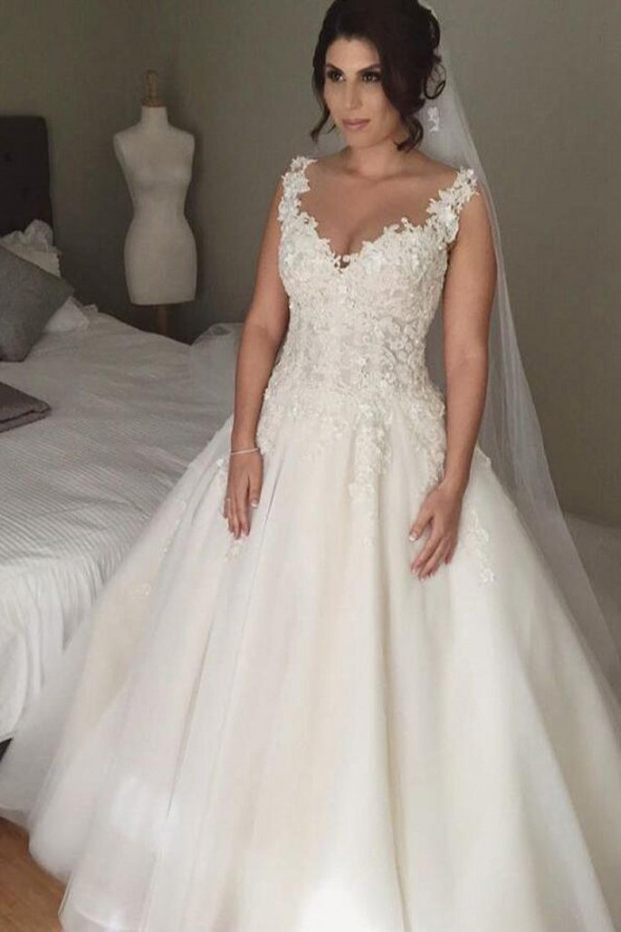 Impressive V Neck Lace Appliques Sleeveless Wedding Dresses