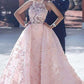 Pink A Line Court Train Halter Sleeveless Lace Appliques Long Prom Dress,Party Dress