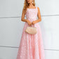 Cute Pink Lace A Line Floor Length Lace Up Prom Dresses
