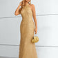 Champagne Halter Sleeveless Lace Mermaid Prom Dresses