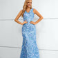 Blue V Neck Sleeveless Lace Long Mermaid Prom Dresses