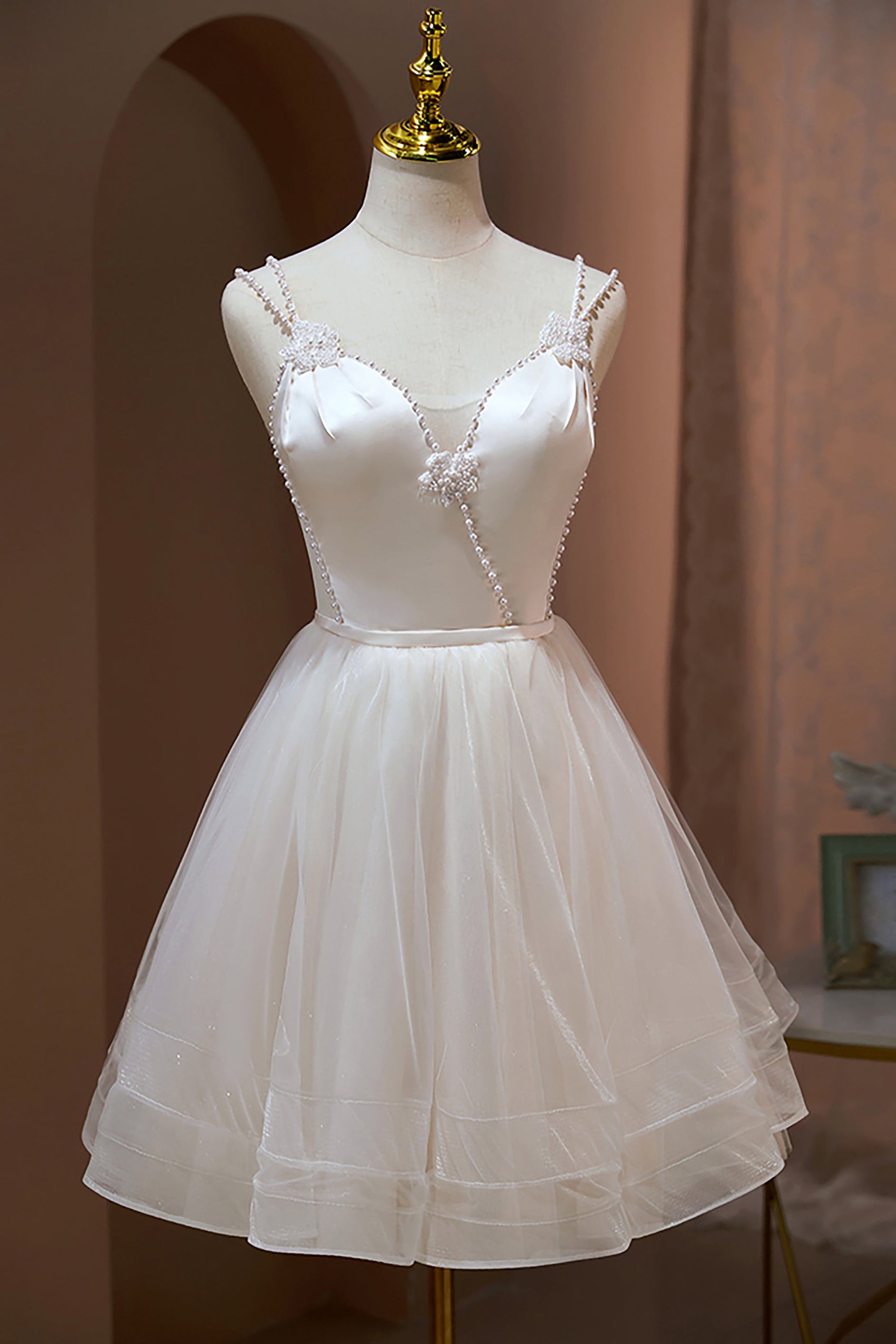 Spaghetti Straps Beading Tulle Homecoming Gown with Pearls, Ivory Cute Sweet 16 Dress UQH0155