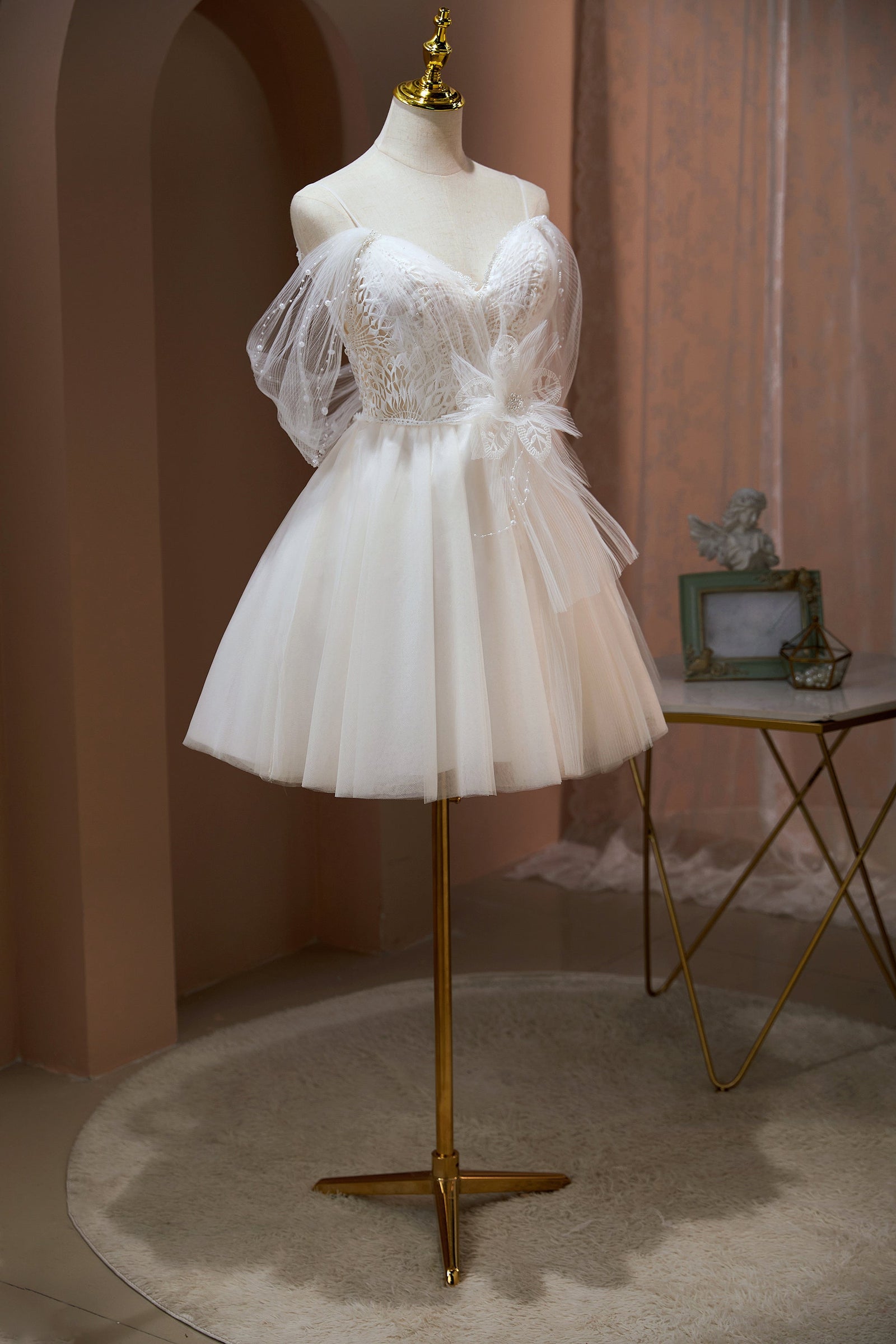 Elegant Spaghetti Straps A-line Tulle Tea Length Short Homecoming Dresses Online, HD0652