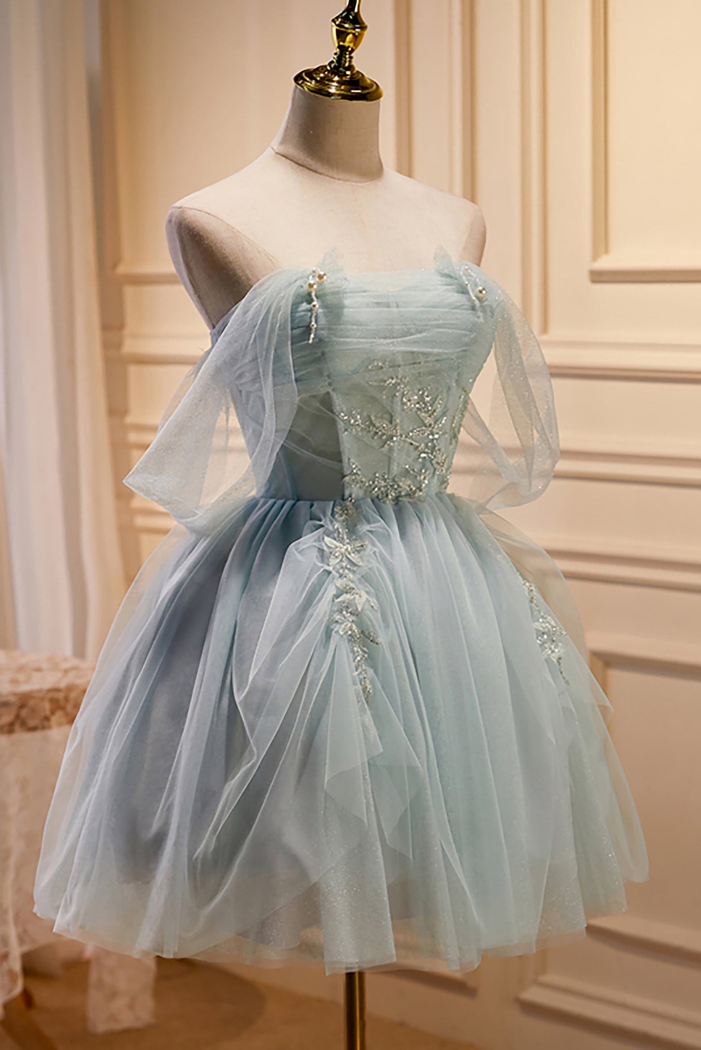 Blue Short Layers Tulle Formal Dress, Blue Off Shoulder Homecoming Dress Party Dress  Y1975