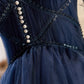 Dark Navy Spaghetti Straps V Neck Tulle Short Homecoming Dresses