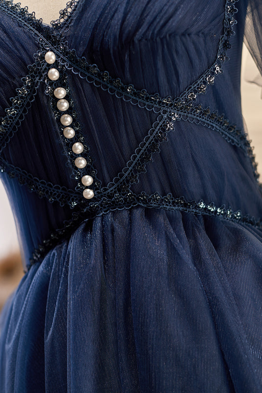 Elegant Dark Navy Spaghetti Straps Sleeveless Wedding Guest Dress