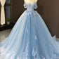 Light Blue Off Shoulder Sweetheart Long Lace Prom Dress D346