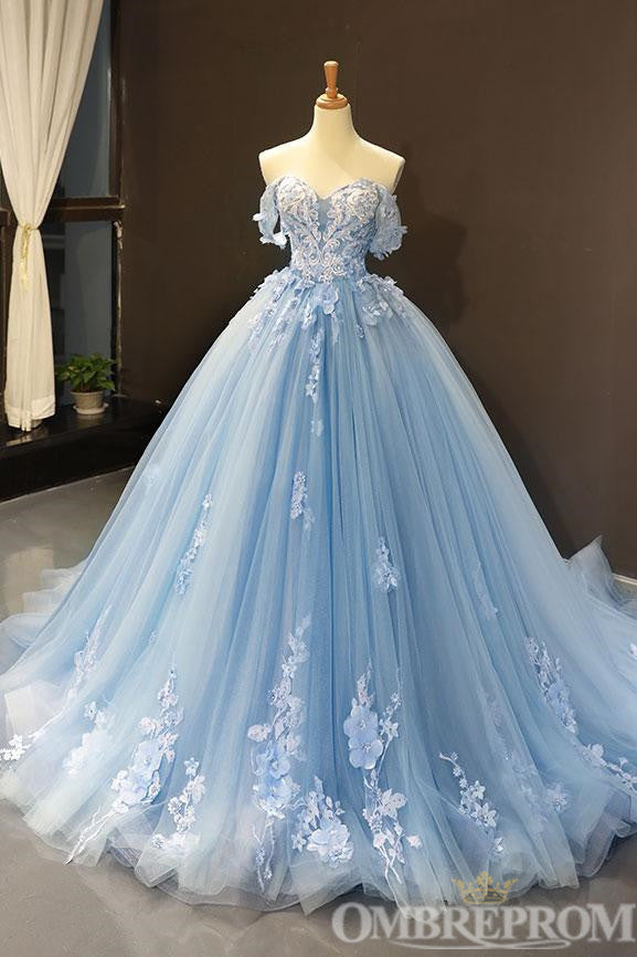 Light Blue Off Shoulder Sweetheart Long Lace Prom Dress D346