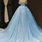 Light Blue Off Shoulder Sweetheart Long Lace Prom Dresses