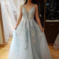 Light Blue V Neck Tule Backless Beading Spaghetti Straps Prom Dresses