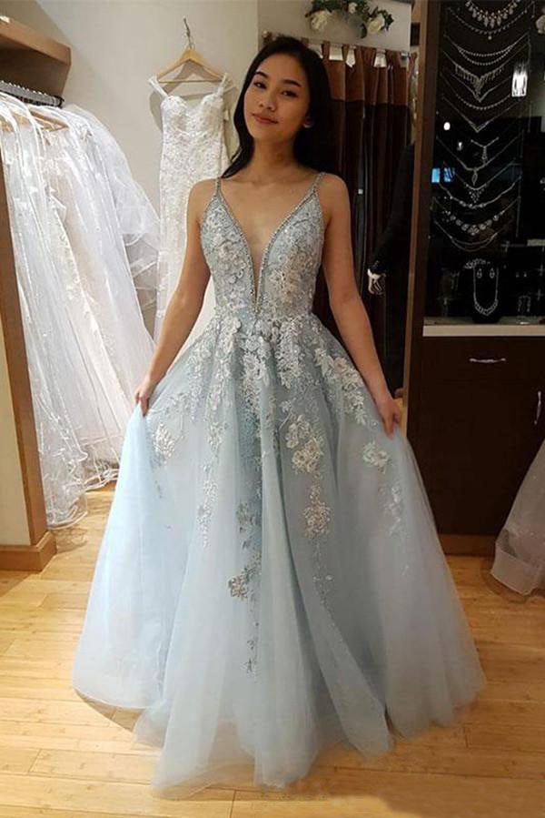 Light Blue V Neck Tule Backless Beading Spaghetti Straps Prom Dresses