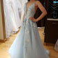 Light Blue V Neck Tule Backless Beading Spaghetti Straps Prom Dresses