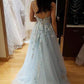 Light Blue V Neck Tule Backless Beading Spaghetti Straps Prom Dresses