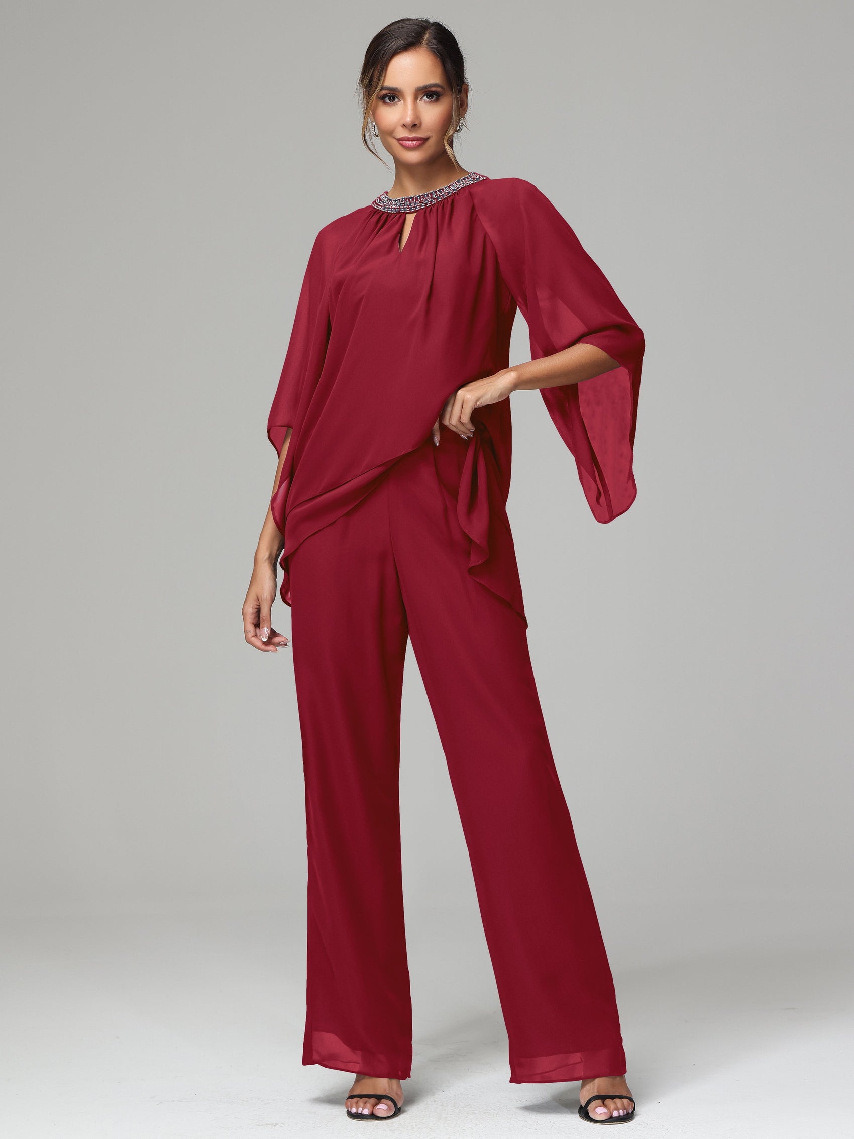 Chiffon Long Sleeves V Neck Mother Of The Bride Dress Pants Suits