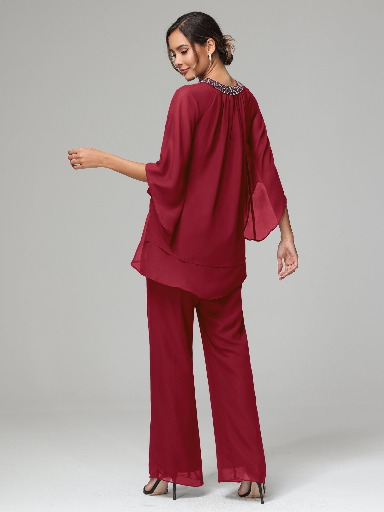 Burgundy Ruffled Sleeves Chiffon Mother Jumpsuit main image 0