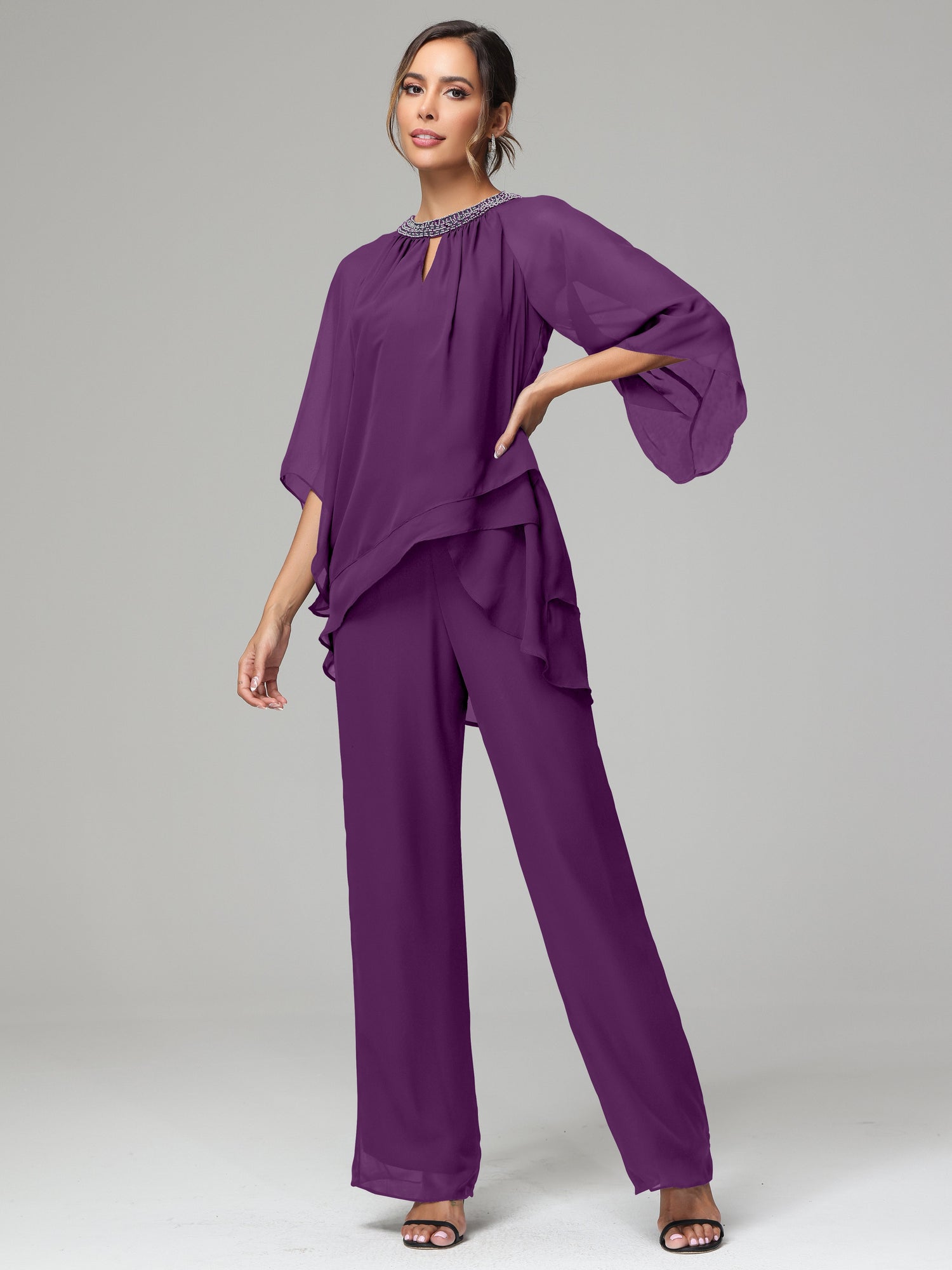 Long Sleeves Chiffon Mother Of The Bride Dress Pants Suits