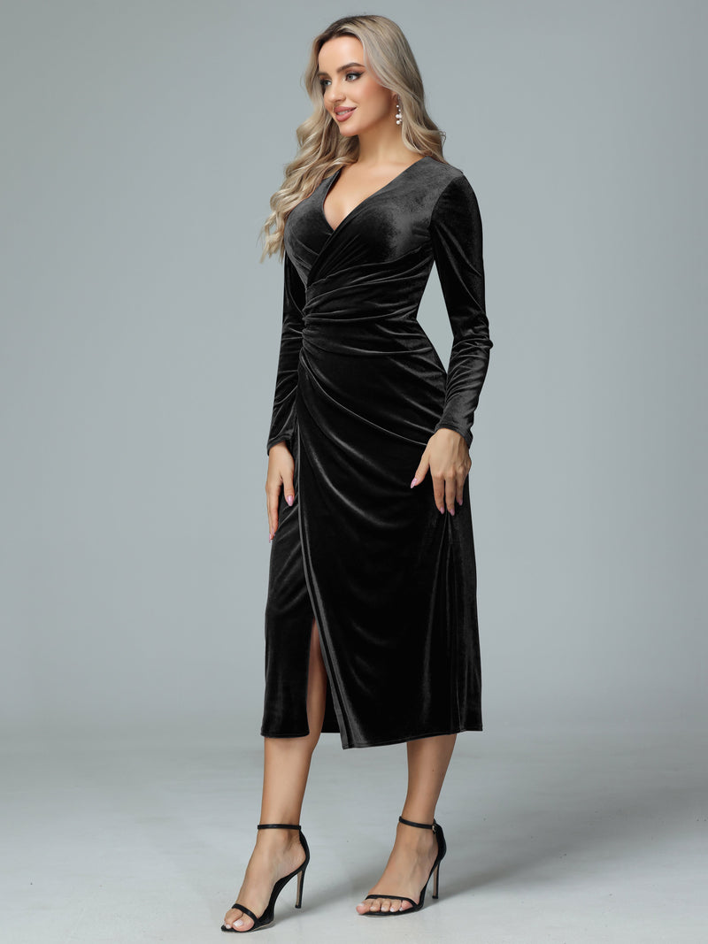 Long Sleeve V Neck Velvet Dress Velvet Dress Red Long Sleeve Holiday Dress  Plus Size Elegant