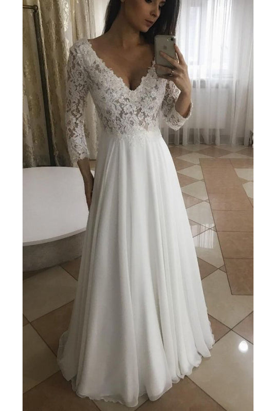 Long Bridal Gown A Line V Neck Chiffon Top Lace Wedding Dresses