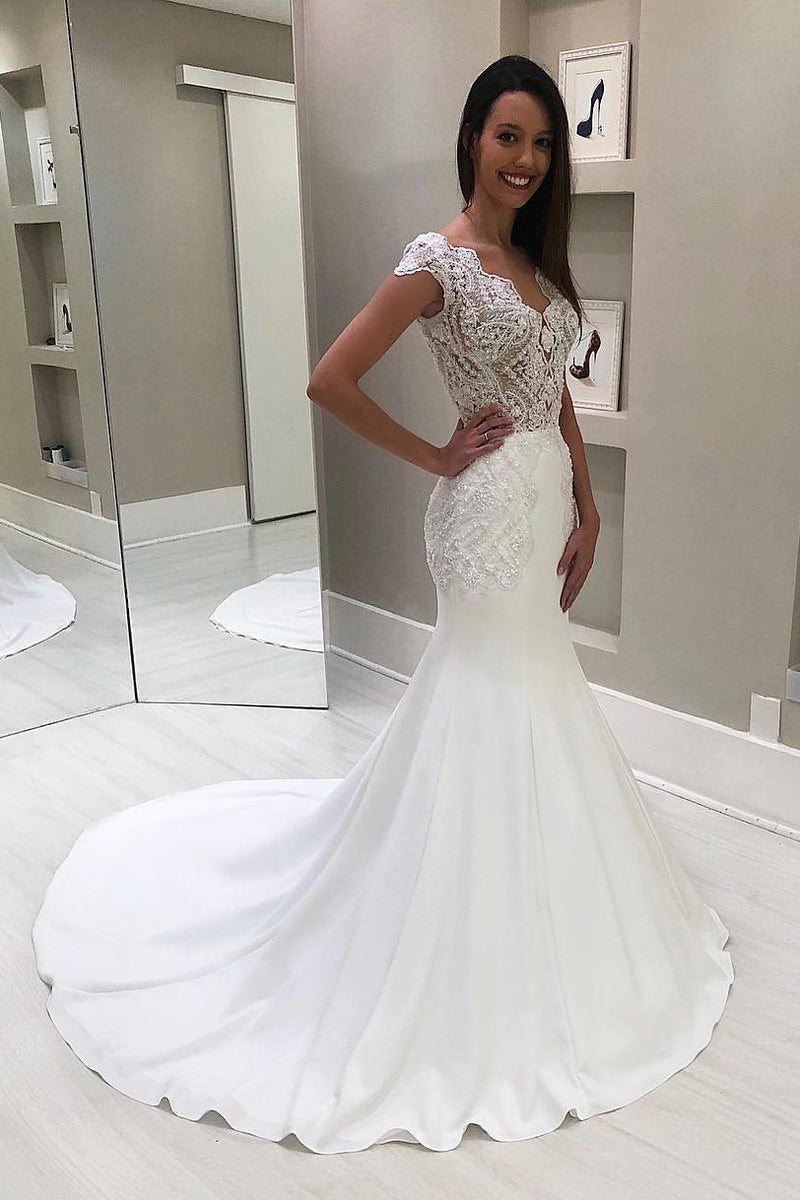 lace cap sleeve mermaid wedding dress Cream / 4