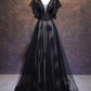 Modest Black Long A-line V-neck Black Prom Dresses Chic Party Dresses