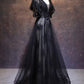 Modest Black Long A-line V-neck Black Prom Dresses Chic Party Dresses