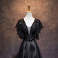 Modest Black Long A-line V-neck Black Prom Dresses Chic Party Dresses