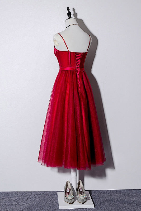 Vintage Spaghetti Straps Lace Up Burgundy Tea Length Homecoming Dresses Prom Dresses